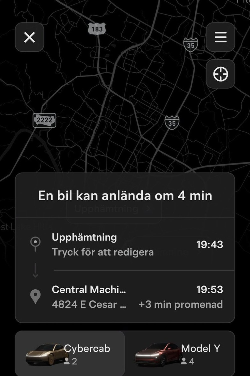 Robotaxi app showing a Cybercab that can arrive in four minutes during the weekend stress test. Screenshot via @RobotaxiRadar / X