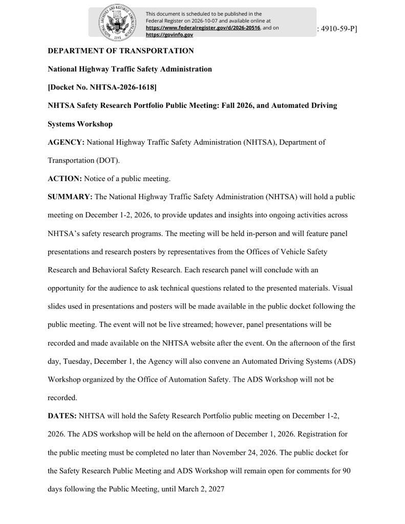 The first page of NHTSA's public meeting notice, Federal Register document 2026-20516. Screenshot via @RobotaxiRadar / X
