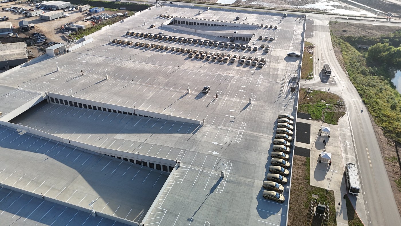 Cybercabs parked at a Giga Texas garage on Monday, seen from a drone. Photo via @JoeTegtmeyer / X