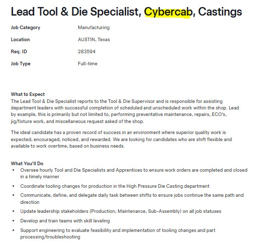A Cybercab Castings listing on Tesla's careers site. Screenshot via @TeslaZoa / X