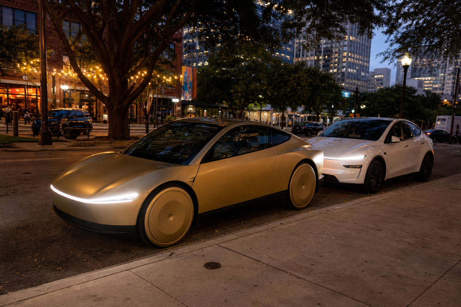 A gold Cybercab parked beside a white Model Y at dusk on an Austin street