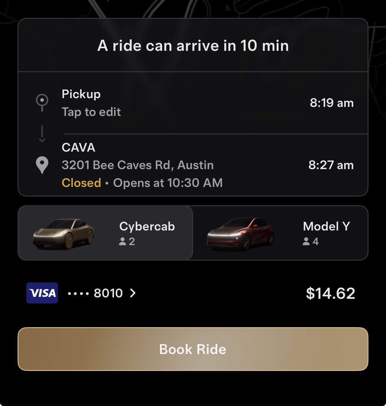 Robotaxi app screen showing a Cybercab fare of $14.62 and a 10-minute wait for CAVA in Austin.