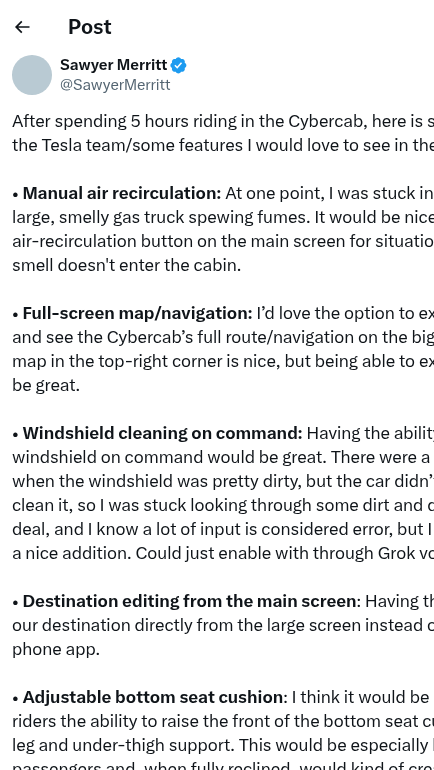 Sawyer Merritt on X listing six Cybercab cabin requests after a five-hour ride