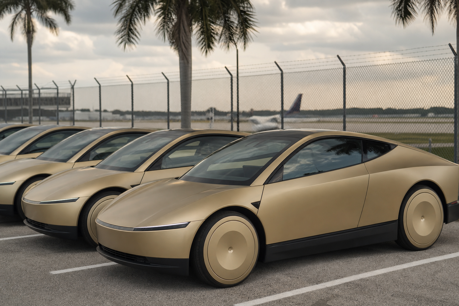 A row of gold Cybercabs parked beside a chain-link fence near Miami International Airport, palm trees and a jet in the distance