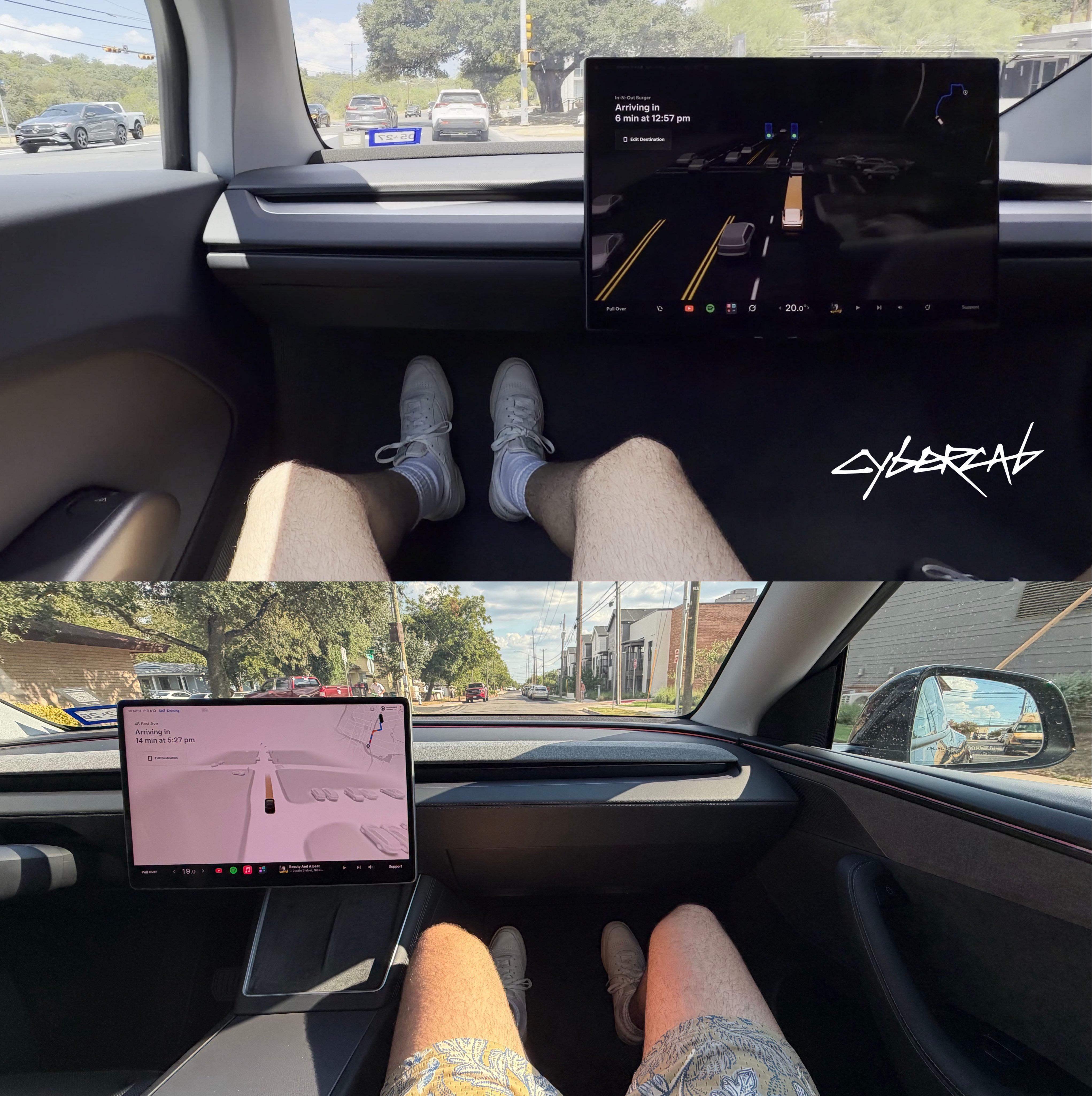 Stacked comparison: Cybercab open floor above a Model Y cabin with a center console and driver-side tablet