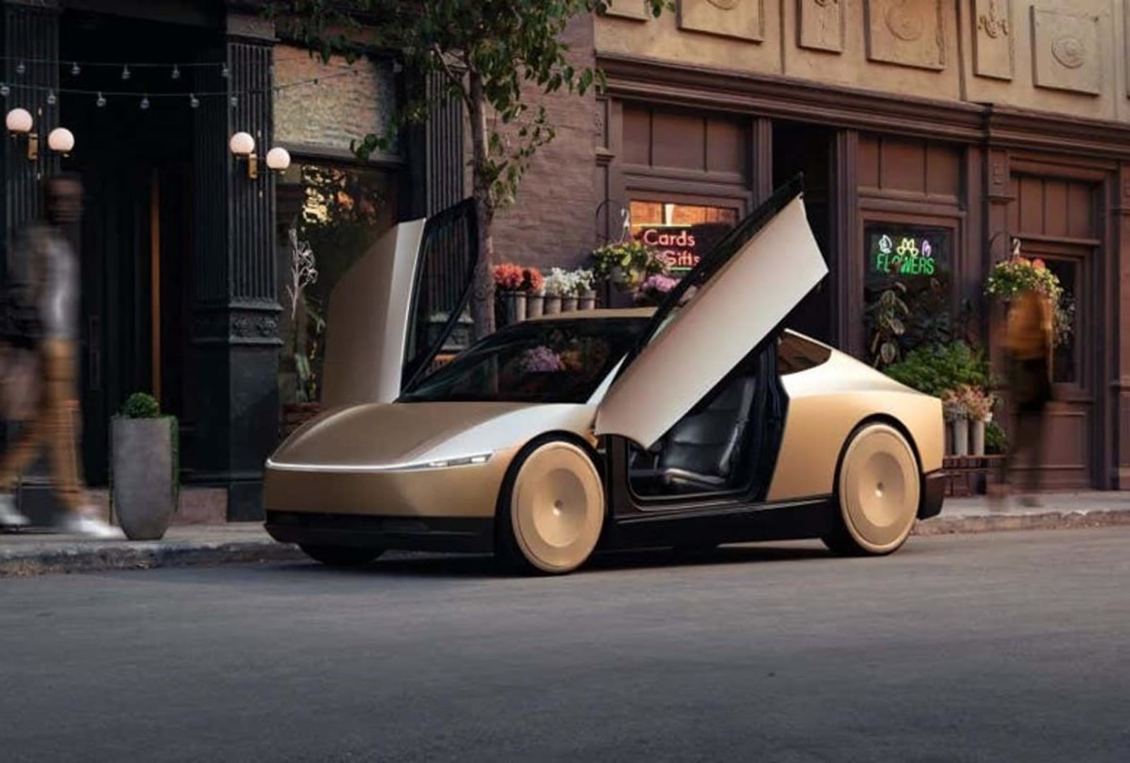 Champagne-gold Cybercab parked on a city street with both butterfly doors raised
