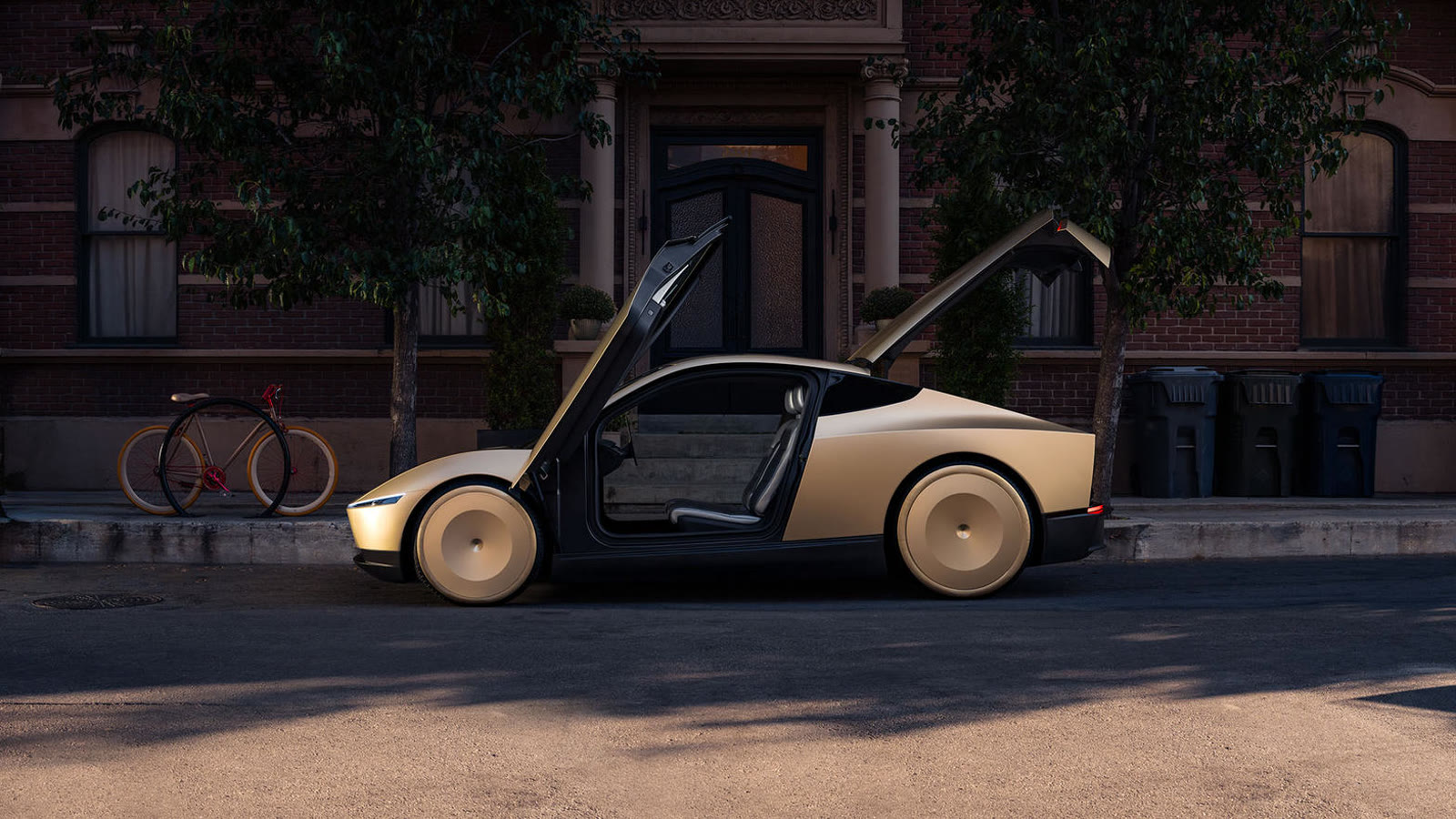 Side view of a Cybercab with butterfly doors open on a city street