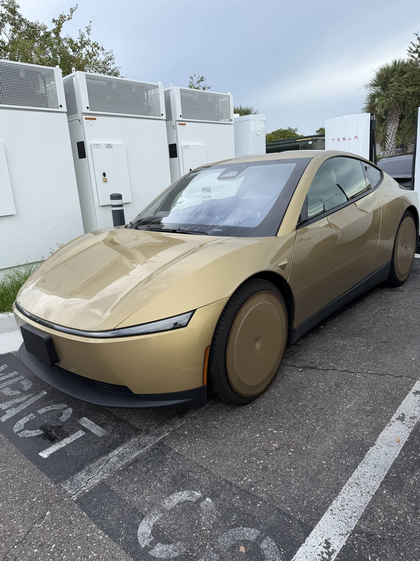 A gold Cybercab shares a Tampa Supercharger island with a Cybertruck.