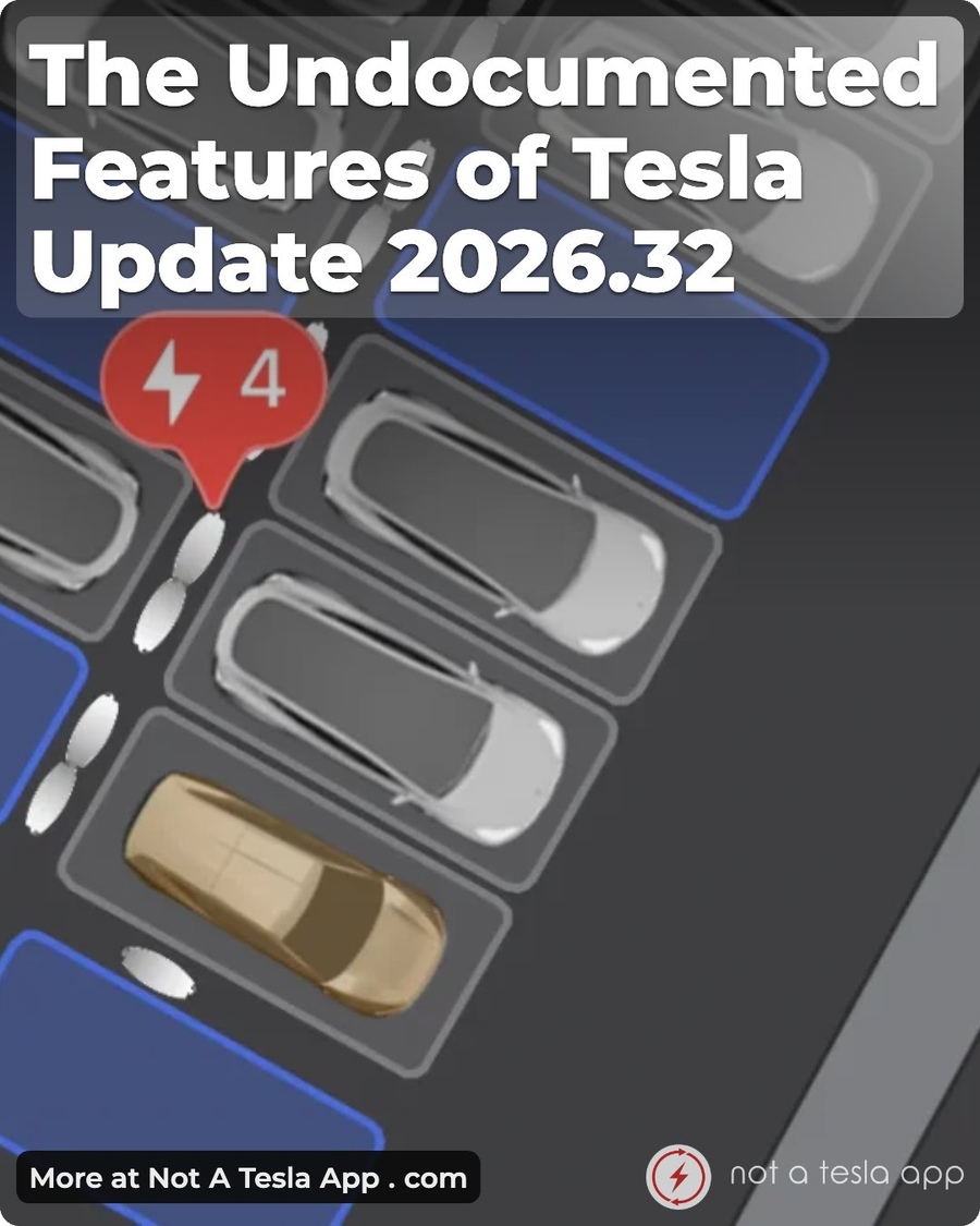 Not a Tesla App's look at update 2026.32, with a gold Cybercab parked in a Supercharger site map stall. Image via @NotATeslaApp / X