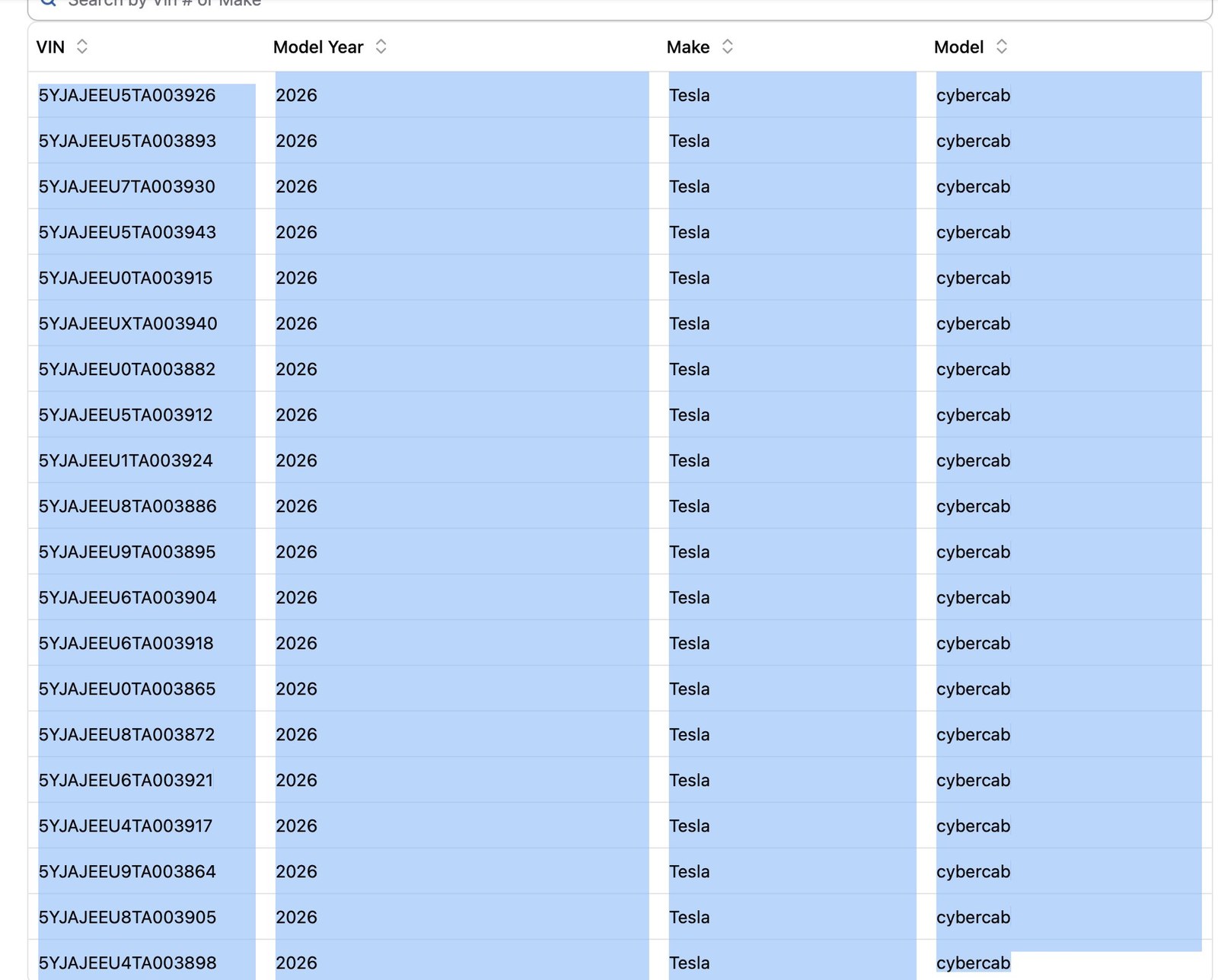 Texas DMV vehicle table rows for 2026 Tesla Cybercabs in the new batch. Screenshot via @SawyerMerritt / X
