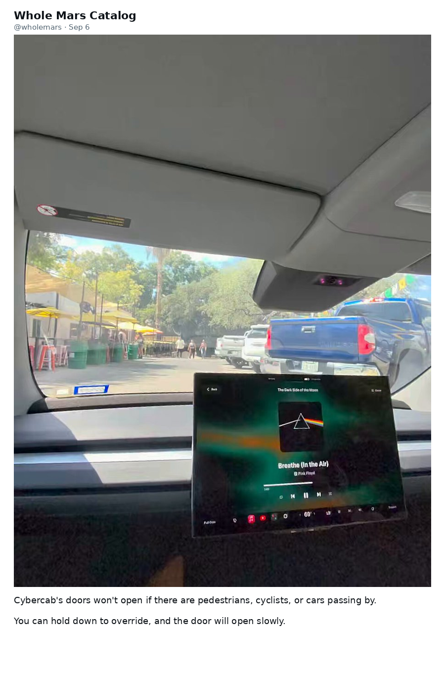 Whole Mars Catalog on X: Cybercab's doors won't open if there are pedestrians, cyclists, or cars passing by