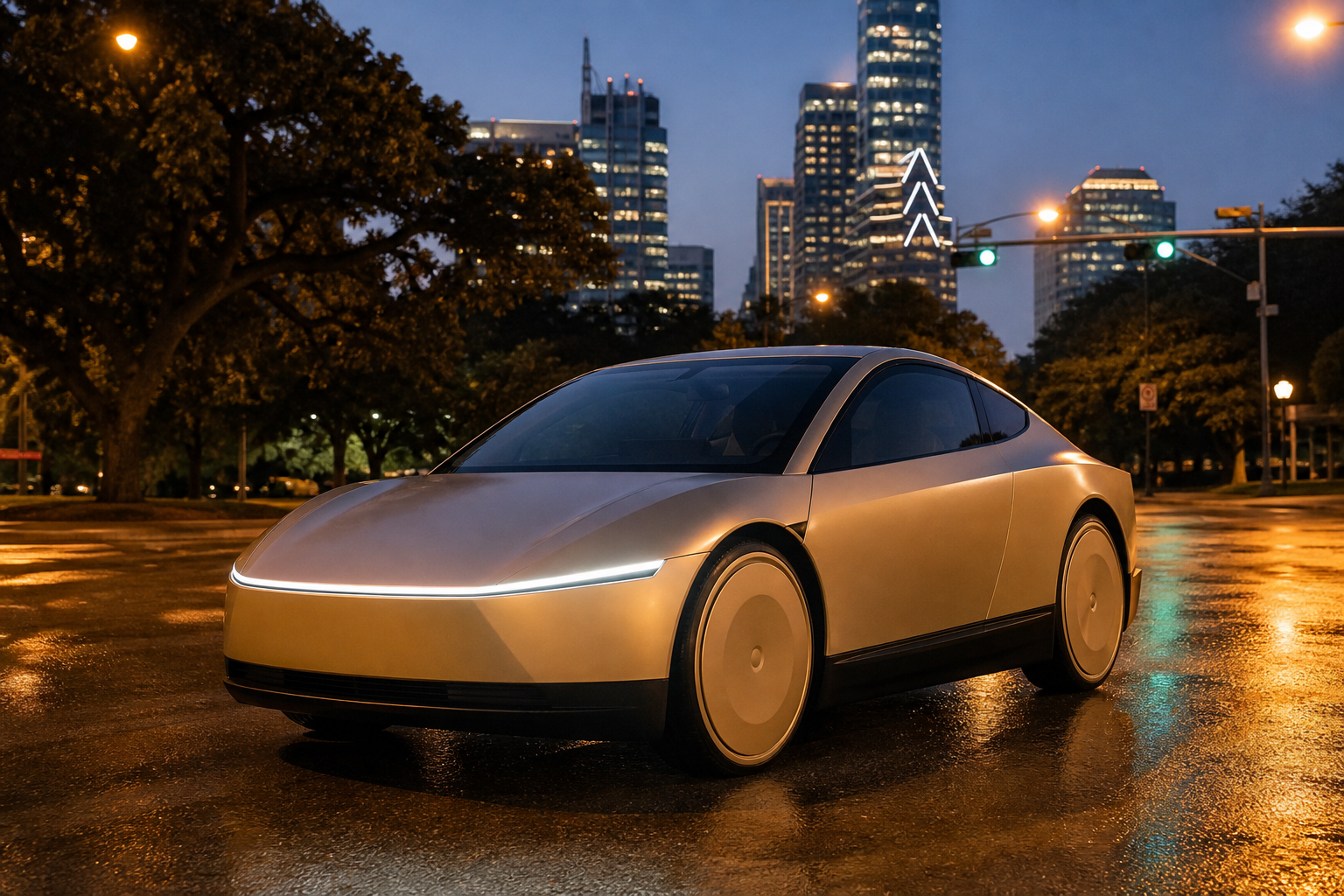 A champagne-gold Tesla Cybercab on wet Austin pavement at dusk, downtown towers and a lit Christmas tree behind it